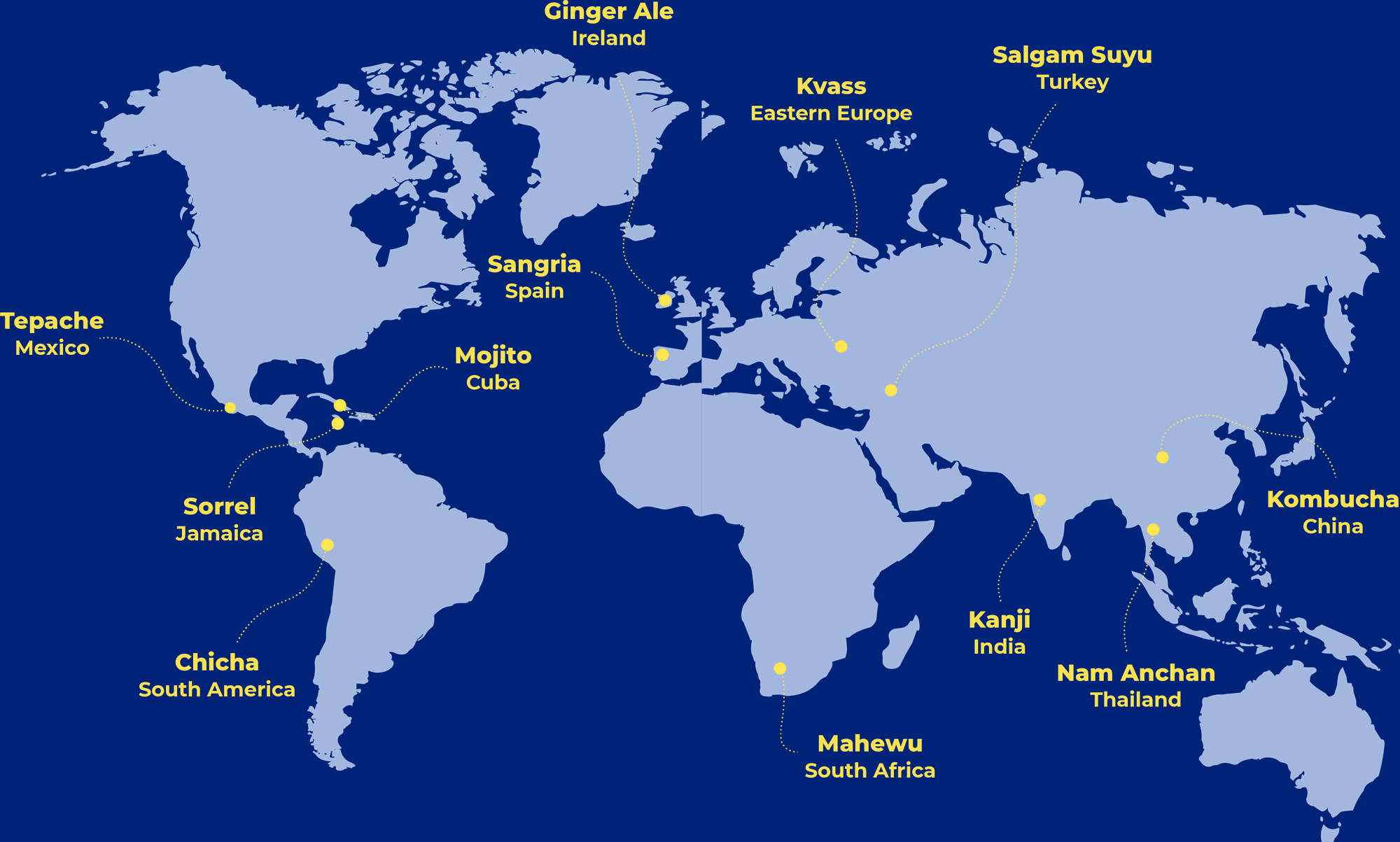 World map showing the origins of Funky Flask beverages